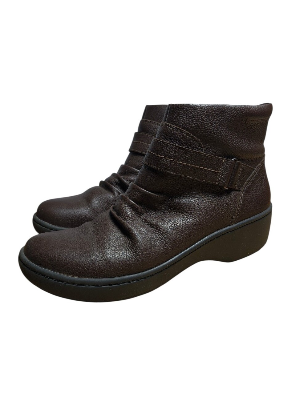 Clarks Ankle Boots Women’s 8M Brown Leather Delana Fairlee Wedge Zipper Ruched